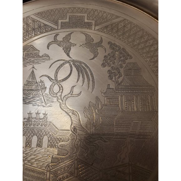 Vintage asian copper Tray | Heavy | Etched Floral Pattern | Birds | Geis… - Picture 7 of 10